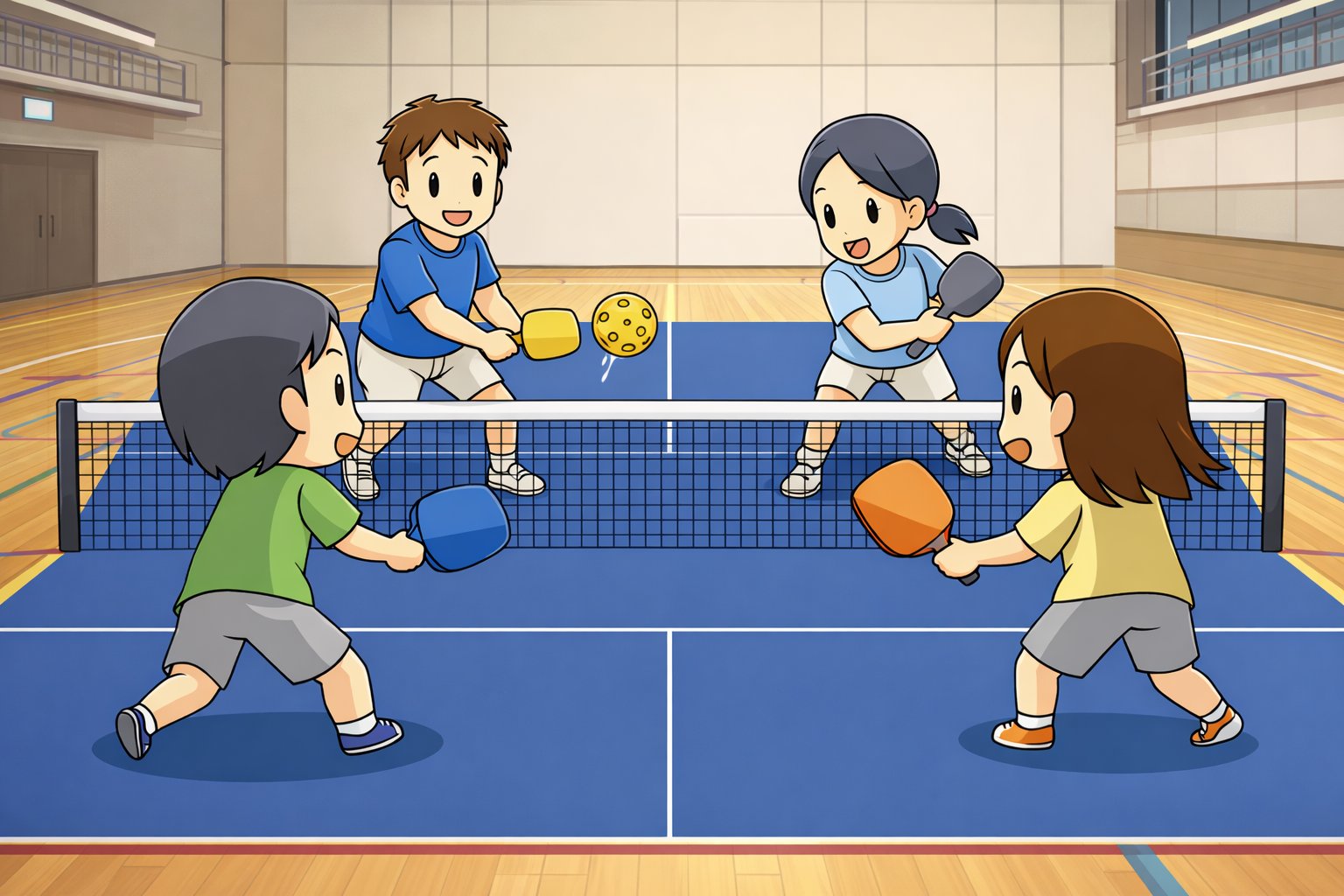 体育館でピックルボールを楽しむ様子のイラスト